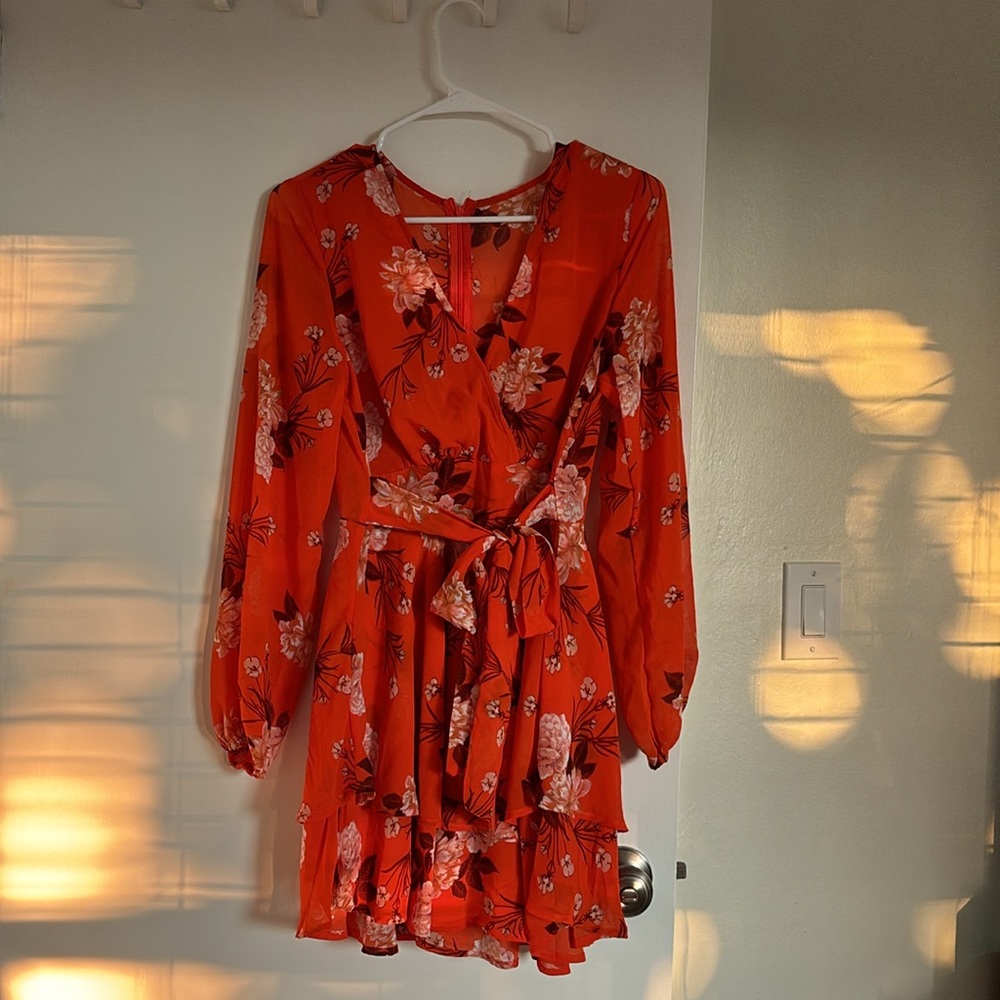 Orange Floral Wrap Dress